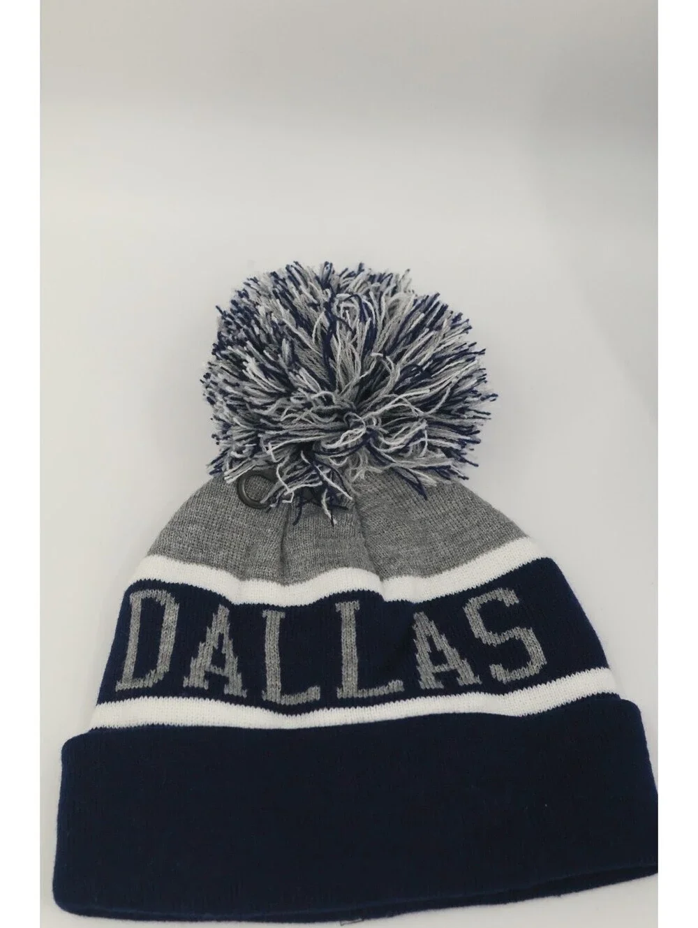 Dallas Knit Beanie Hat Navy Silver Gray White Pom Pom Winter Cuffed Toque Adult